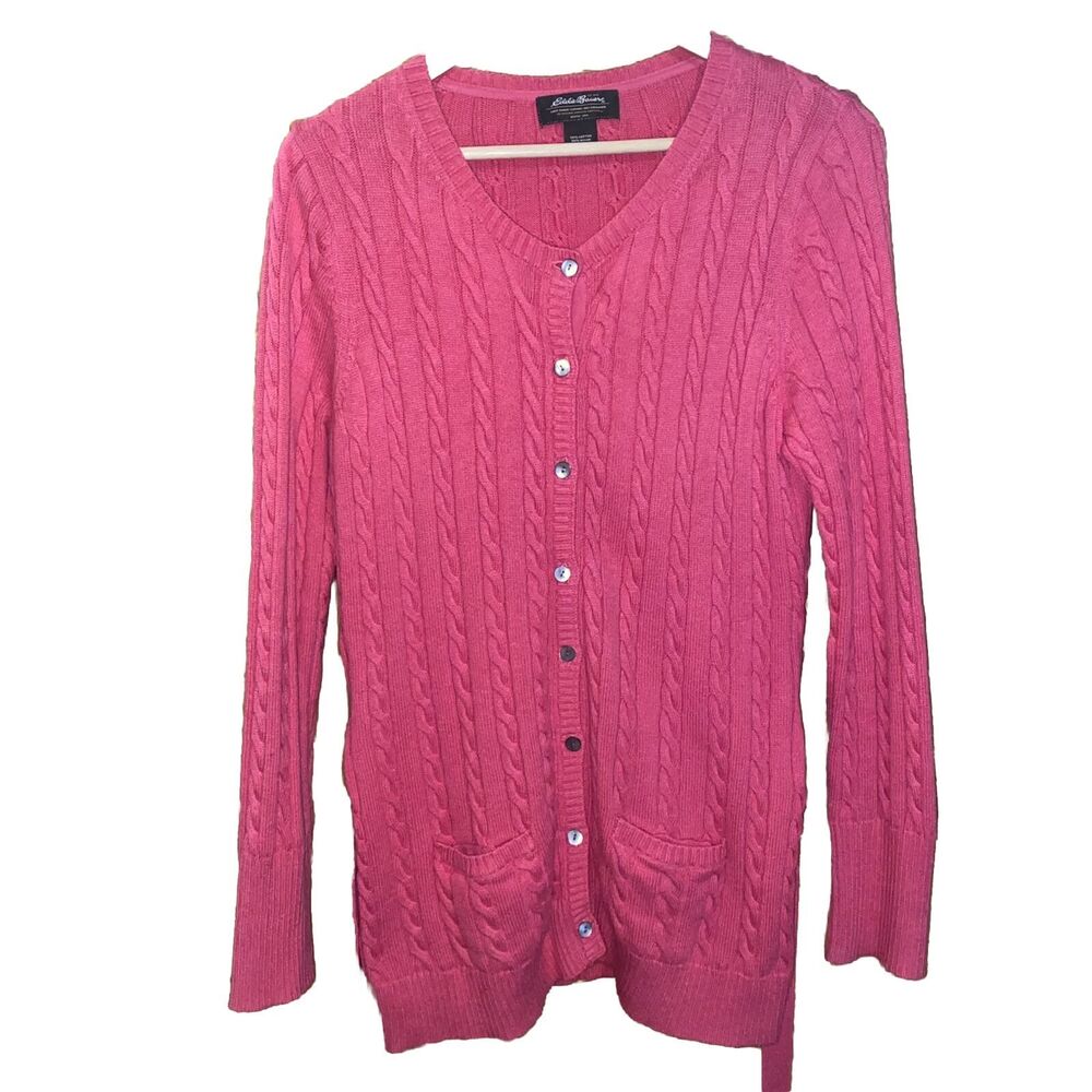Eddie Bauer Midi Fisherman Pink Large Button Cardigan Pockets